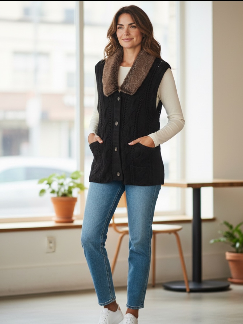 J. Jill Black Knit Vest with Brown Faux-Fur Collar